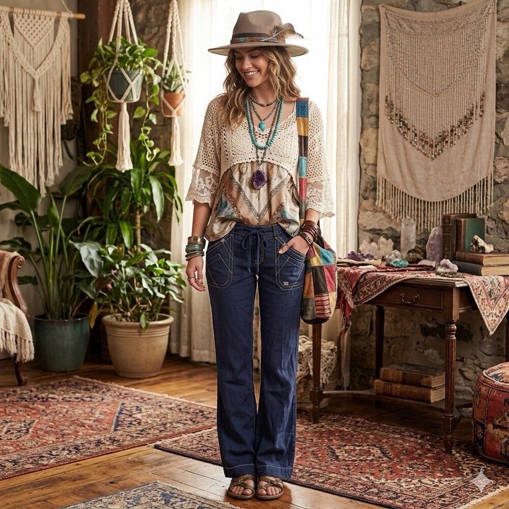 Miss Me 100% Linen Wide Leg Cargo Boho Pants Size Medium Y2K 2010s Style Navy